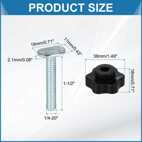 Pro Grade T Track Knob Kit With Four Star Knobs And Four Quarter Inch Twenty Threaded Bolts For Woodworking Jigs And Fixtures Drop In Sliding Bolts Accessories Silver, showing size and dimensions of knob and bolt.