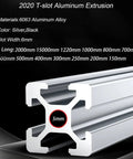 Close-up of 2020 T-slot aluminum extrusion with 5mm slot, showing cross-section and dimensions in silver and black finishes.