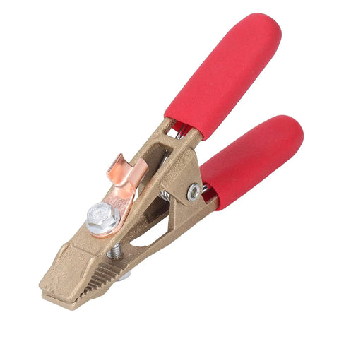 Heavy Duty Earth Ground Wire Clamp 40mm Opening For Robust Electric Welding Jobs Featuring High Current Rating Up To 260A With Durable Brass Build And Super Comfortable Sheath Handle Perfect Shipyards Steel Structures, close up showing red rubber handles.