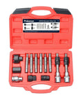 Open red case with 13 Piece Alternator Pulley Tool Kit For Car Maintenance Heavy Duty Decoupling And Pulley Removal Set Pro Grade Chrome Vanadium Steel