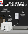 Smart Wall Mount 3 In 1 Power Strip With Wireless Charging Pad Offers Hella Reliable Surge Protection And Two AC Outlets Plus USB Type C Ports For Fast Daily Juice Up on a desk.