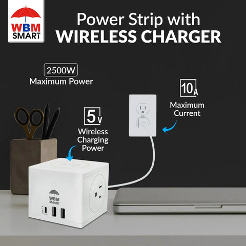 Smart Wall Mount 3 In 1 Power Strip With Wireless Charging Pad Offers Hella Reliable Surge Protection And Two AC Outlets Plus USB Type C Ports For Fast Daily Juice Up on a desk.