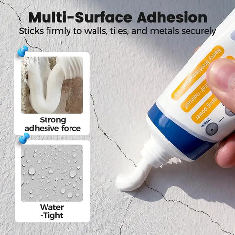 All In One Wall Patch Repair Paste Kit For Drywall Cracks And Holes being applied with nozzle to crack, showing adhesive strength