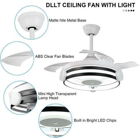 35 Inch Retractable Ceiling Fan With Remote And Lights 30W LED Bladeless Modern Ceiling Fan with matte white finish and LED light.