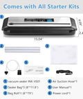PowerVac Vacuum Sealer With Starter Kit Auto Air Sealing For Dry And Moist Modes with components and dimensions