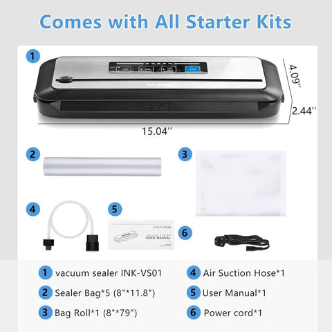 PowerVac Vacuum Sealer With Starter Kit Auto Air Sealing For Dry And Moist Modes with components and dimensions
