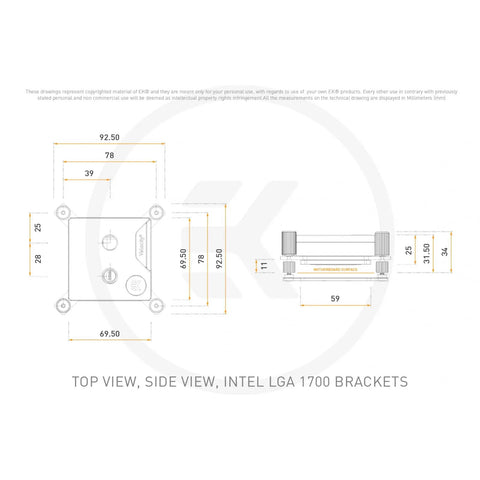 Velocity 3 CPU Water Block Plexi Top For AM5 And LGA 1700 And 1851 Beefy Cooling With Optimized Internal Geometry For Maximum Heat Transfer Perfect Fit For Serious Custom PC Builds. technical drawing top and side view, plexi CPU water block