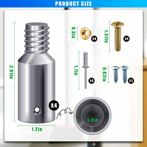 4 Pack Threaded Tip Replacement Kit For Mop Extension Poles And Brooms, 1 inch tail, nuts, screws, rivets with dimensions
