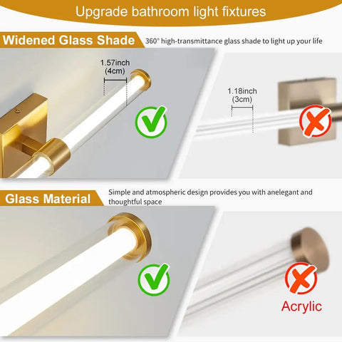 Golden Vanity Light Fixture Over Mirror 360 Degree LED Bath Bar 22 Inch Dimmable 4000K Full Lighting With Glass Accent detail