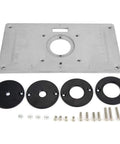 Top Shelf Aluminum Router Table Insert Plate For Butter Smooth Woodworking Cuts No Sweat Install Totally Bulletproof Build Shiny Silver Finish with black rings and screws.