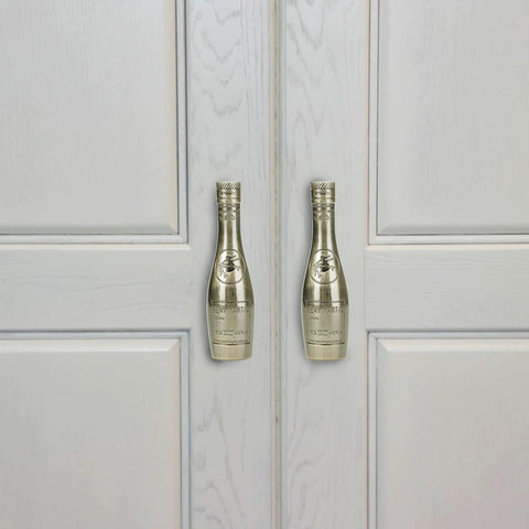 Wine Bottle Shaped Cabinet Drawer Knobs 4-Piece Set Made From Zinc Alloy Vintage Retro Style Blue Ancient Finish on white cabinets