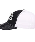 Breathable Washed Distressed Low Profile Trucker Hat For Women, black front, white mesh back, side view
