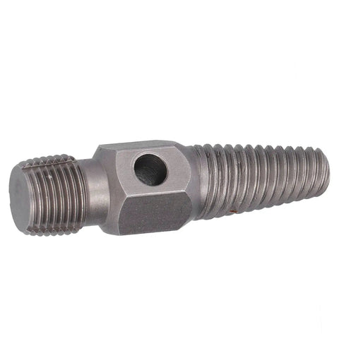 Premium High Carbon Steel Broken Water Pipe Extractor Kit With Handle For 1/2 Inch Pipe Taps Repair Tool To Grab And Twist Out Snagged Screws And Stuck Threads Effortlessly Like A Boss. High carbon steel pipe extractor with threaded ends and center hole, shown on white background.