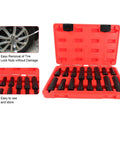 Heavy Duty Locking Lug Nut Master Set And Wheel Lock Key Extraction Tool Kit For Daily Drivers Bulletproof Anti Theft Security with 16 steel sockets in a red case.