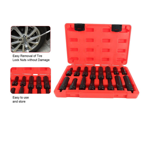 Heavy Duty Locking Lug Nut Master Set And Wheel Lock Key Extraction Tool Kit For Daily Drivers Bulletproof Anti Theft Security with 16 steel sockets in a red case.
