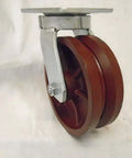 Heavy Duty 6 By 2 Inch Swivel Casters Kingpinless 7/8 V Groove Ductile Steel Wheels 1500 Lbs Capacity Set Of 4 Red Rolling Support close-up view
