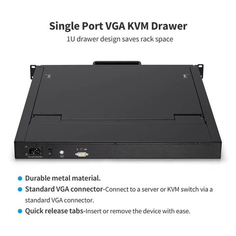 Ace Quality 1U Rack Mount Kvm Console With 17 Inch Lcd Screen Integrated Keyboard And Touchpad For Effortless Single Pc Control No Sweat Installation Into Standard 19 Inch Server Racks Runs Smooth Day One, single port VGA KVM drawer with durable metal design.