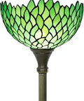 Tiffany Style Floor Lamp With Green Wisteria Stained Glass Shade, 71 Inch Tall Pole Torchiere, Antique Bronze Base, Corner Uplight