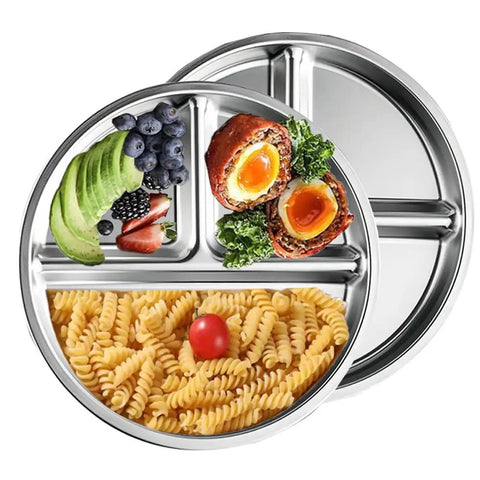 Portion Control Plates For Grownups, Stainless Steel Divided Dinner Plates For Weight Loss And Diabetic Diets, Unbreakable 9 Inch Round Metal Dish