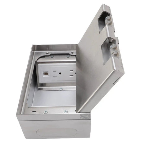 Heavy Duty Recessed Floor Electrical Outlet Kit Offering Slick Concealed Flush Mount Installation And Smooth Lever Action For Zero Sweat Power Access Anytime You Need It, showing stainless steel open box with power socket.