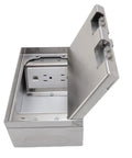 Built Tough Recessed Floor Power Outlet Kit acting as a smooth operator, stainless steel housing, USB port visible, open design.