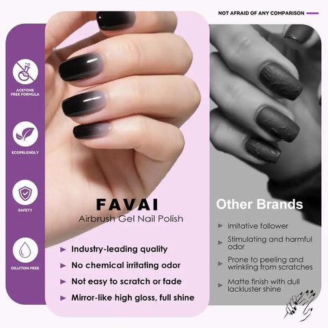 Comparison of Favai Airbrush Gel Nail Polish with other brands, highlighting eco-friendly, acetone-free, and dilution-free features.
