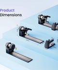Dimensions of RAY5 20W Laser Engraver With Air Assist Kit And 4 In 1 Rotary Roller All In One shown on blue display