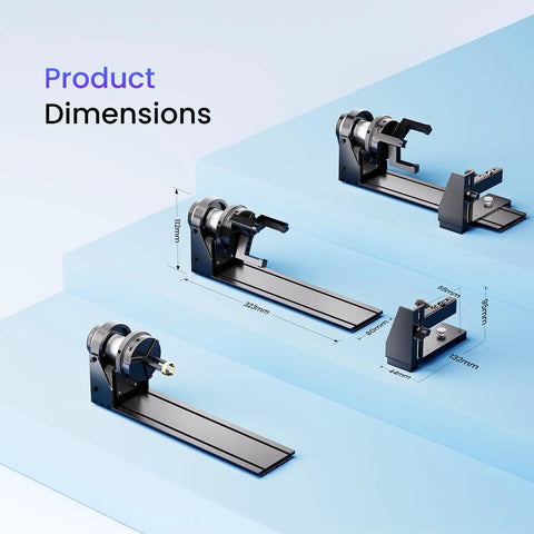 Dimensions of RAY5 20W Laser Engraver With Air Assist Kit And 4 In 1 Rotary Roller All In One shown on blue display
