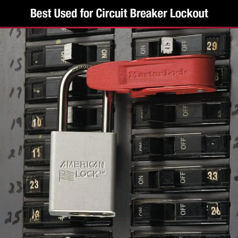 Red Circuit Breaker Lockout For Standard Single And Double Toggles No Fuss Tagout Box Lock With Grip Tight Design 24 Amps OSHA Compliant Safety Lockout Solution For 120 And 240 Volt Breakers installed on electrical panel