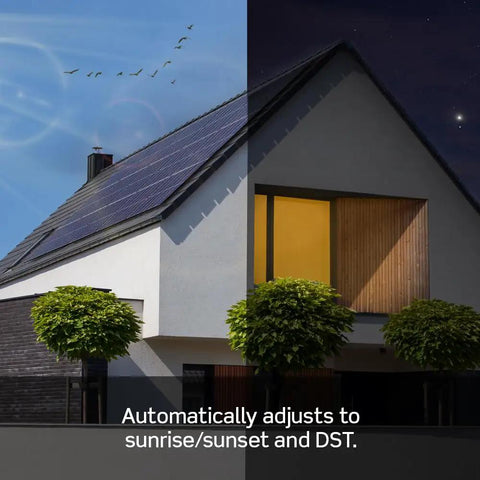 House with day-night transition shows use of Programmable And Astronomical Timer Switch For Lights And Motor Loads With Neutral.