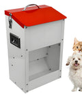 Heavy Duty Gravity Automatic Pet Feeder Galvanized Steel Food Trough Auto Refill Dispenser with red lid and pets beside it.
