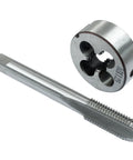 M10 X 1.25 Tap And Die Set For Metalworking, HSS Machine Thread Tap Die Kit, Right Hand Thread shown in metal