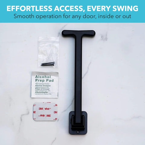 Accessible TPull Door Closer with Easy Grip Swiveling Handle and installation kit on a white background.
