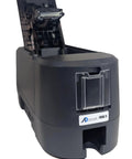 Ready To Roll Dual Sided Id Card Printer System With Hd Webcam, Plug And Play Management Software Bundle, Includes One Hundred Pvc Badge Cards And Full Color Ribbon, Made In Usa - FORGE 1E printer with open cover.