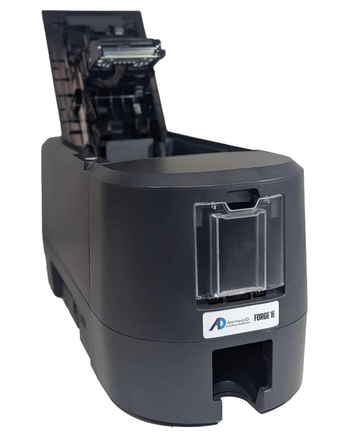 Ready To Roll Dual Sided Id Card Printer System With Hd Webcam, Plug And Play Management Software Bundle, Includes One Hundred Pvc Badge Cards And Full Color Ribbon, Made In Usa - FORGE 1E printer with open cover.