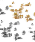 Sweet Sixty Piece Metal Cross Slot Screw Pack With Nifty Screwdriver For Belt Buckles Wallets And Bags Metric Hardware Set containing assorted silver and gold screws.