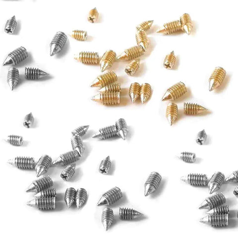 Sweet Sixty Piece Metal Cross Slot Screw Pack With Nifty Screwdriver For Belt Buckles Wallets And Bags Metric Hardware Set containing assorted silver and gold screws.