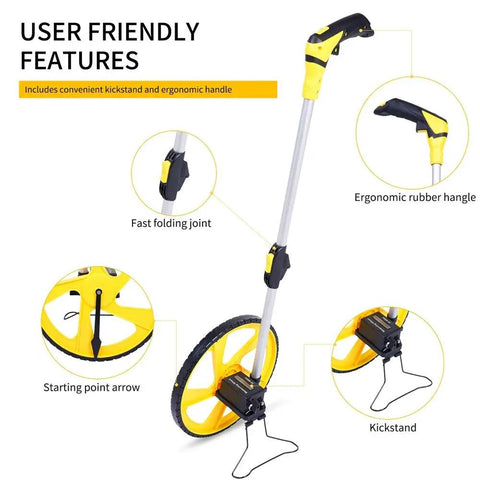QERTYHKK Foldable Measuring Wheel Distance Measurement Tools Meter/Feet showing ergonomic handle, kickstand, and folding joint.
