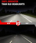 Comparison of new and old headlights, showing 200% brighter visibility at night with Dodge Ram Headlight Assembly Replacement