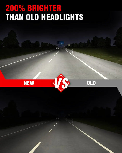 Comparison of new and old headlights, showing 200% brighter visibility at night with Dodge Ram Headlight Assembly Replacement