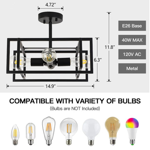 Slick Black 4 Light Ceiling Fixture, Industrial Farmhouse Flush Mount Chandelier, Vintage Metal Ceiling Lamp with bulb options