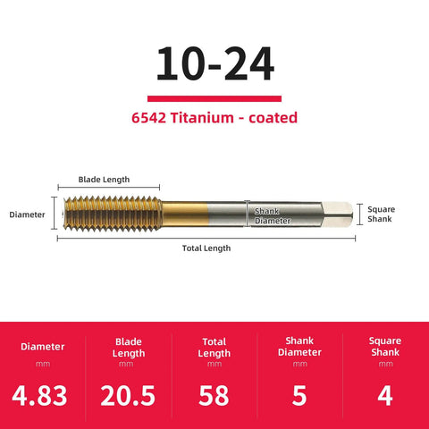 Diagram of 10-24 Extrusion Tap HSS Titanium Coated Fluteless Tap for Repairing Threads, includes dimensions and specifications.