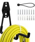 Heavy Duty U Shaped Garage Hooks With Slick Non Slip Coating For EV Charging Cable Holder with yellow hose and mounting screws.