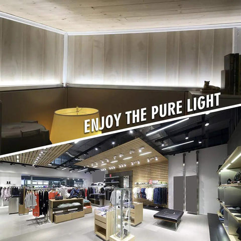 Quad Row 24V DC LED Strip Light Daylight White 90 CRI illuminating retail shop interior with bright white lighting