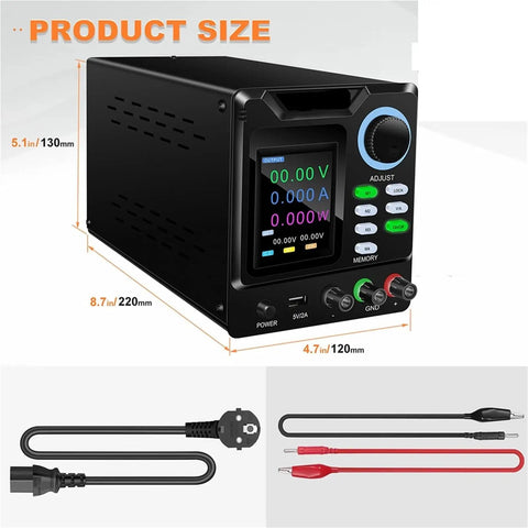 Programmable DC Power Supply for Lab Repair and Industrial Maintenance, Pro Grade Voltage Regulator, Teaching Rig with Adjustable Output, Safe, Reliable, Durable, Ideal for Tech Classes and Hands On Training, black metal unit with display and cables