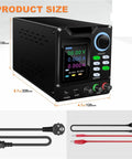 Solid Workhorse Programmable DC Power Supply Tough Voltage Regulator Plug And Play Benchtop Gear For Repair Shops Industrial Training Smooth Adjustable Output, show casing size and connections.