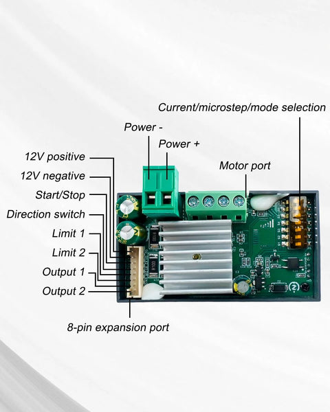 Stepper motor driver controller board with 12V power terminals, motor port, and 8-pin expansion port