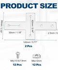 Two Pack 3030 Cross Shape Corner Bracket Joint Plate For Aluminum Extrusion, Heavy Duty Carbon Steel, Silver Finish, Product Size Diagram