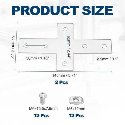 Two Pack 3030 Cross Shape Corner Bracket Joint Plate For Aluminum Extrusion, Heavy Duty Carbon Steel, Silver Finish, Product Size Diagram