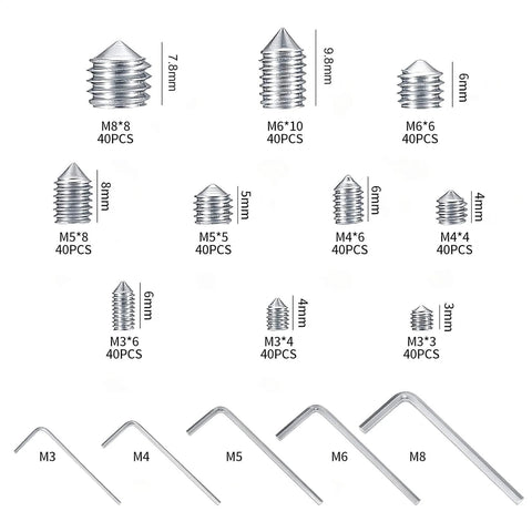 Must Have 400 Piece Set Screw Kit With Hex Allen Head Cup Point Grub Screws, DIY Friendly, Metric M3/M4/M5/M6/M8, 304 Stainless Steel
